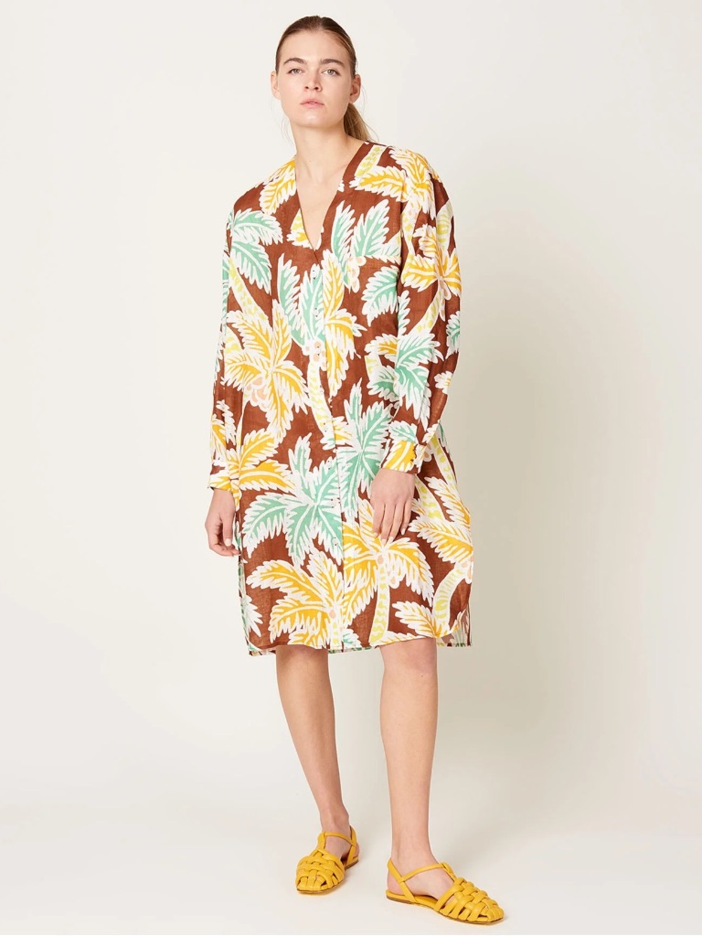 Rachel Comey Gita Long Sleeve Midi Dress Brown Fenix Linen Tropical Floral 4